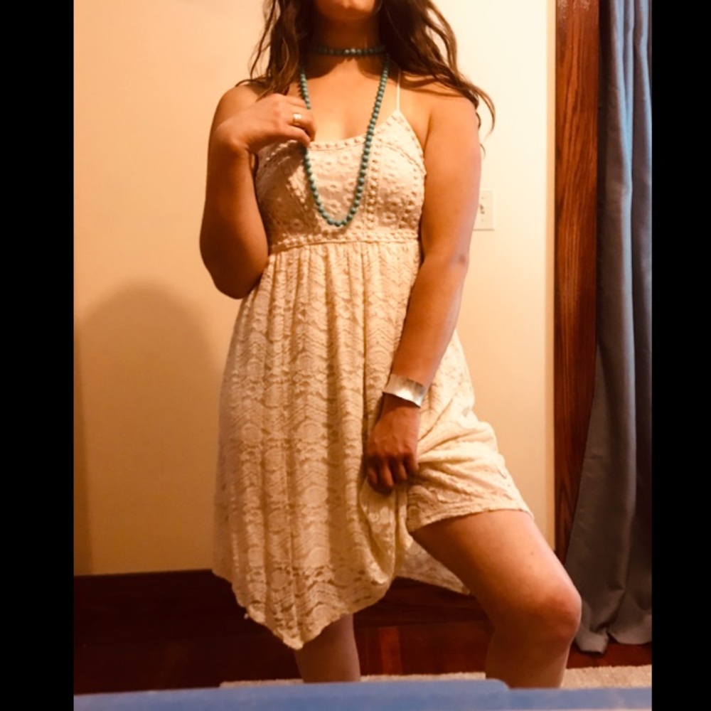 Cream lace dress.